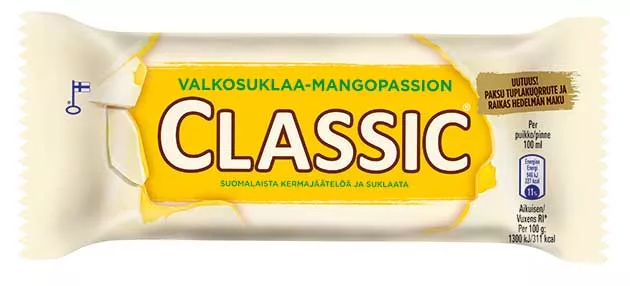 Classic valkosuklaa-mango-passion jäätelöpuikko