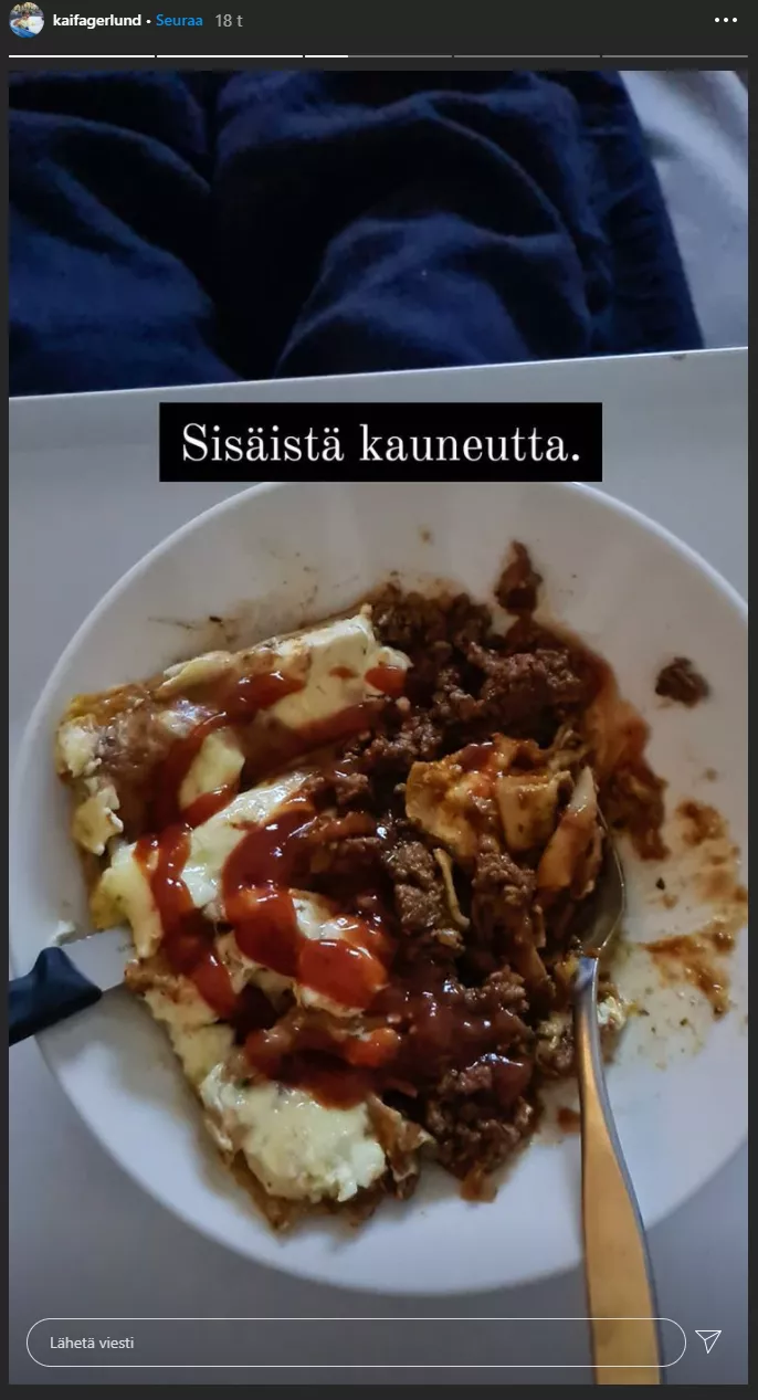 Lasagneresepti leviää tällä hetkellä sosiaalisessa mediassa. Kuva kuvakaappaus Selviytyjät Suomi -voittaja Kai Fagerlundin Instagram-tarinasta. 