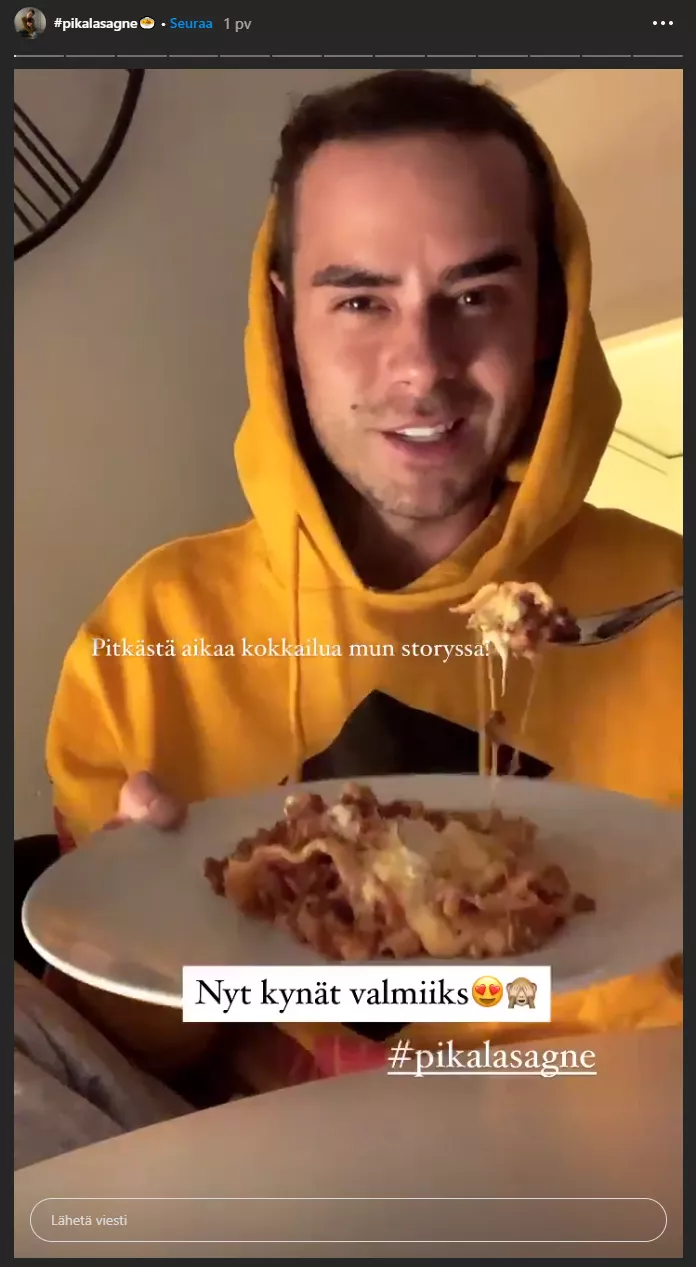 Niko Saarinen jakoi Instagram-tililllään suositun pikalasagne-reseptin. Kuva kuvakaappaus Niko Saarisen Instagram-tarinasta. 