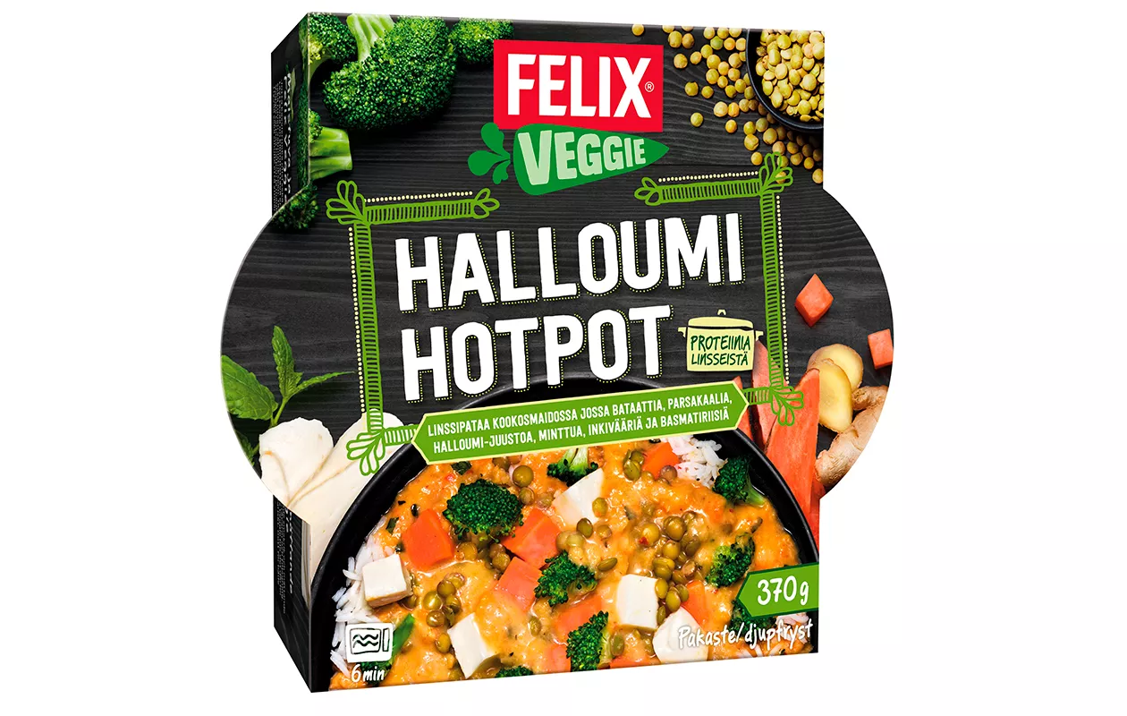 Valmisruoat: Felix Halloumi Hotpot, hintaluokka 4 euroa.