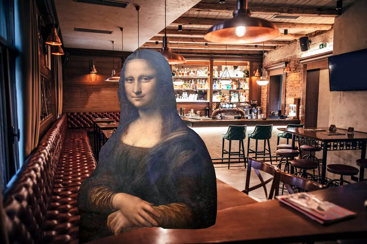 Eroaminen symboloituna Mona Lisan kuvalla baarissa.