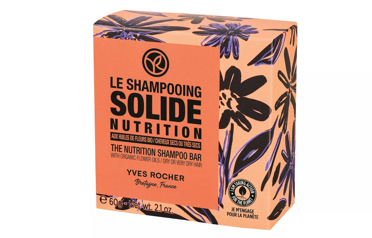 Kuiville ja vaurioituneille hiuksille sopiva Yves Rocher Le Shampooing Solide Nutrition -palasampoo sisältää risiiniöljyä, 60 g 10 e.