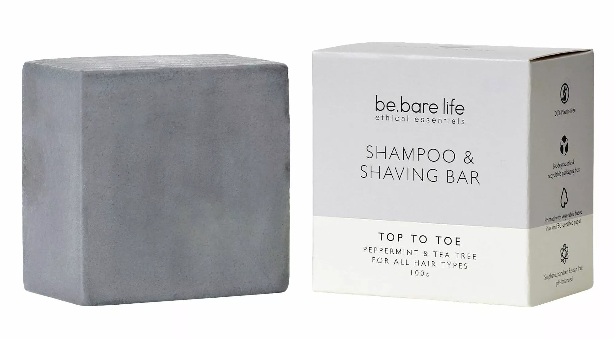 Be.Bare Life Shampoo & Shaving Bar Top to Toe on muoviton ja vedetön sampoopala, joka sopii niin hiustenpesuun kuin sheivaukseenkin, 100 g 12 e.
