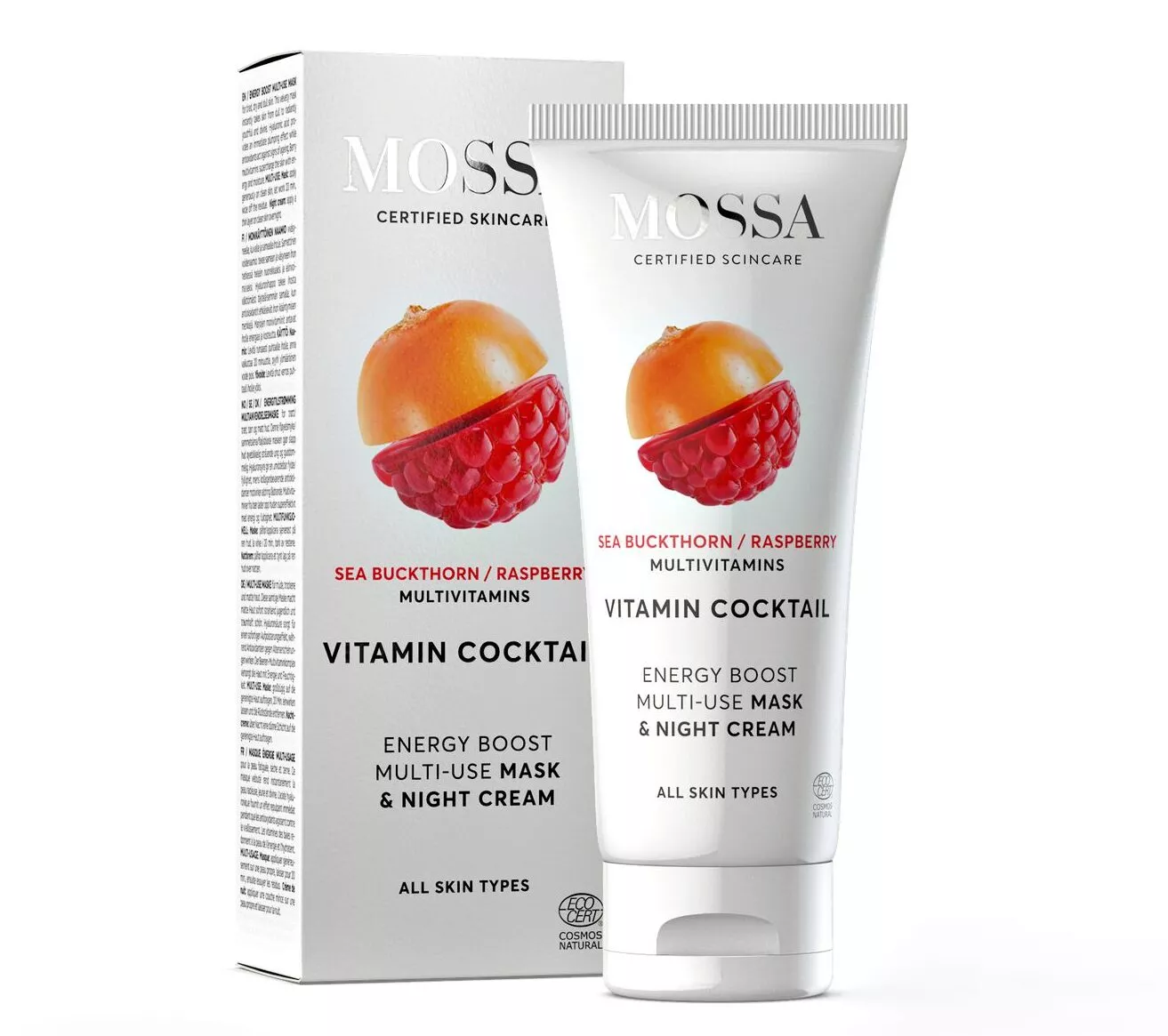 Ravitseva, rauhoittava ja kosteuttava Mossa Vitamin Cocktail Multiuse Mask & Night Cream on yönaamio, jota voi käyttää myös yövoiteena, 60 ml 19 e.