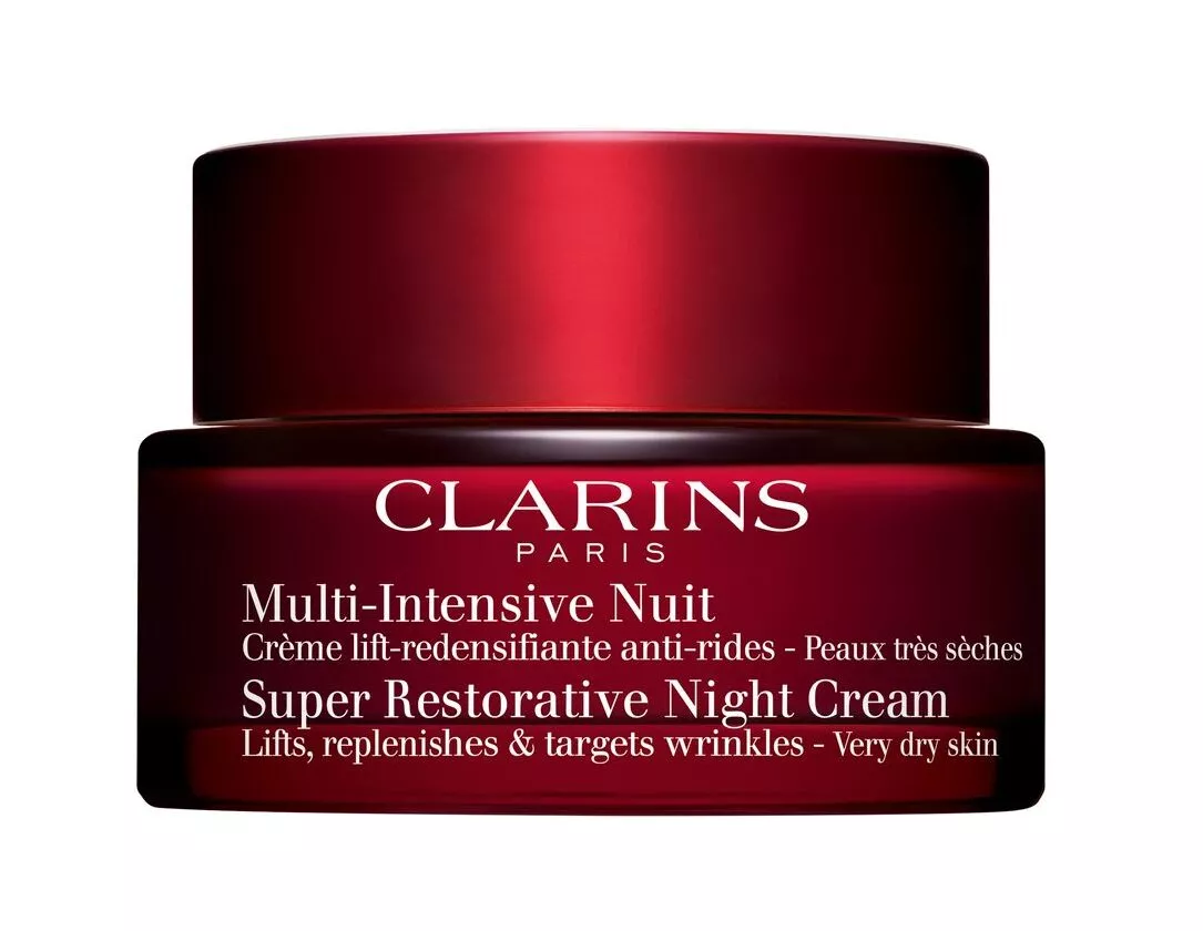 Erityisesti vaihdevuosi-iholle kehitetty Clarins Super Restorative Night Cream kiinteyttää, silottaa ja heleyttää ihoa, 50 ml 118 e.