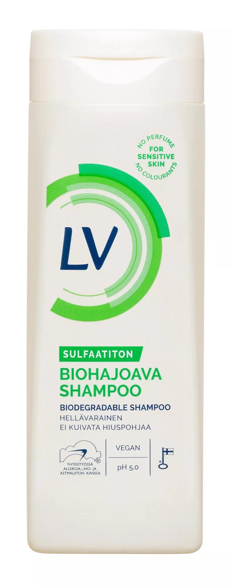 Biohajoava shampoo. LV Biohajoava sulfaatiton shampoo.
