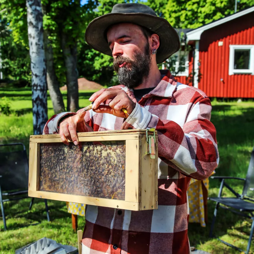 Slovakialainen Matej Sachy kasvattaa mehiläisiä ja tuottaa hunajaa Getassa. ”Olemme viihtyneet täällä jo neljä vuotta.”