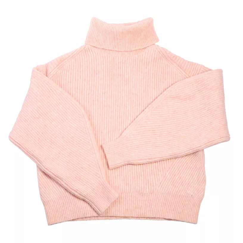 Pink turtleneck sweater isolated on white, top view