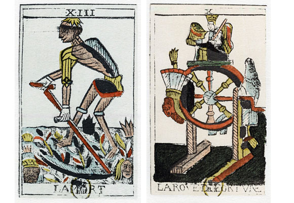 Kaksi tarot-korttia: kuolema ja onnenpyörä